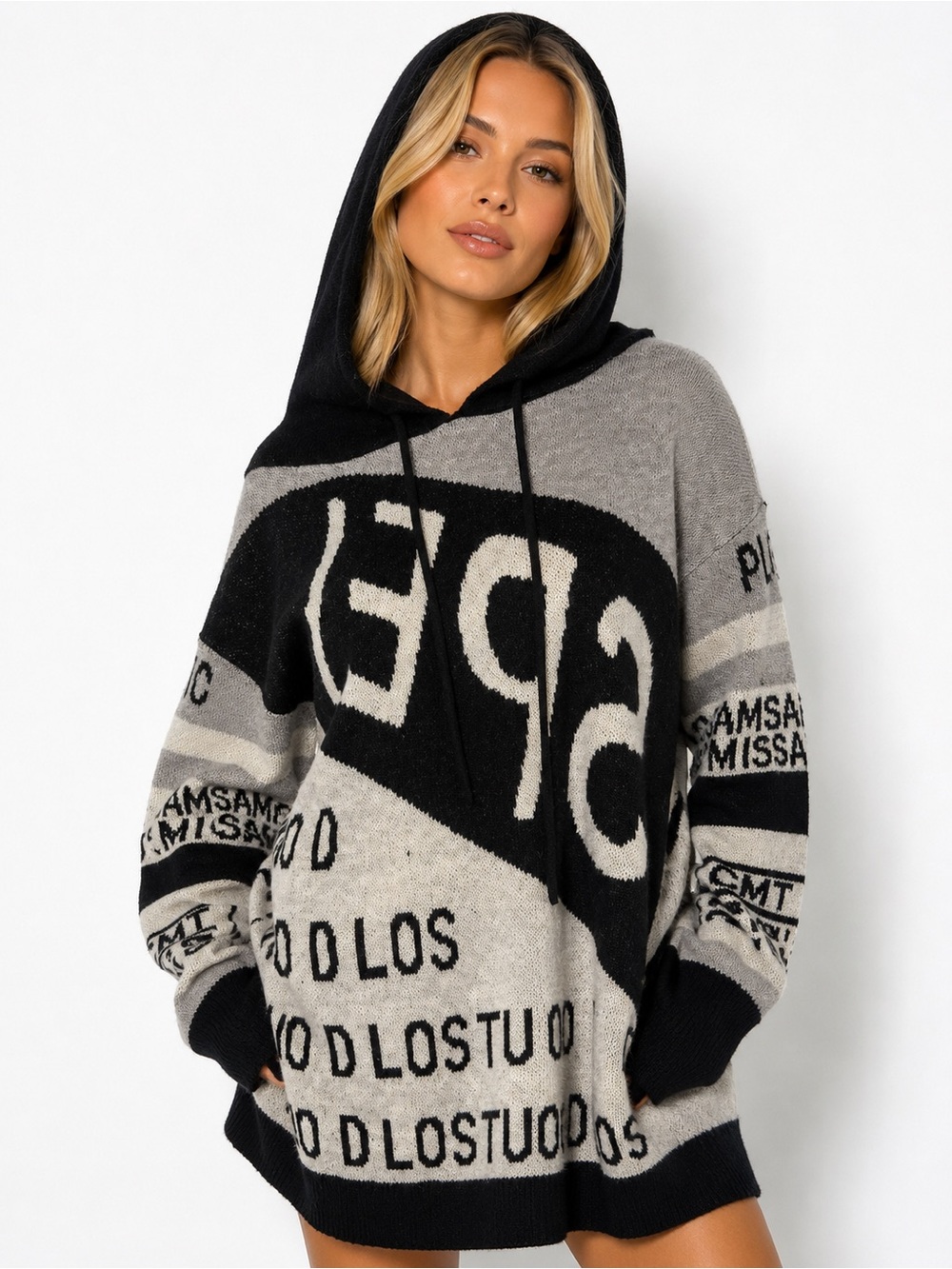 NWT Black Multi Oversized Graphic Hooded Sweater Dress | Soft Knit - Picture 2 of 8
